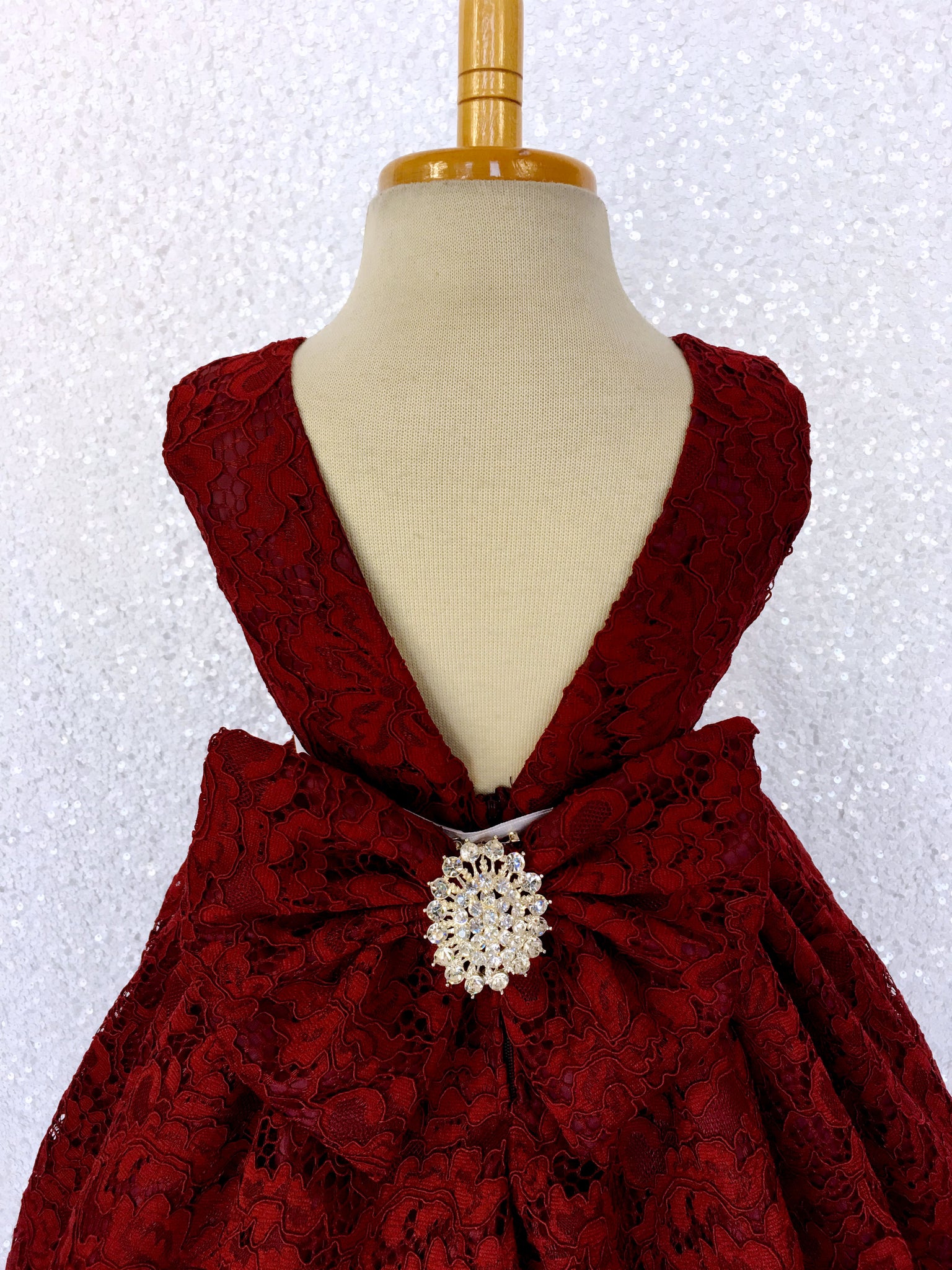 Burgundy French Lace V-Back Sleeveless Dress Bow Rhinestone White Sash