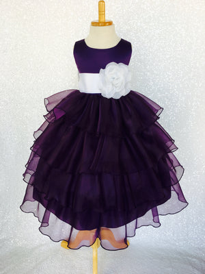 Sleeveless Satin Organza Ruffle Plum Dress Silver Sash Flower