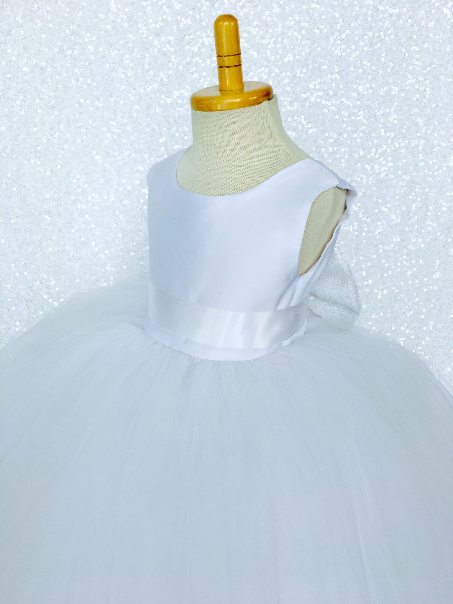 Sleeveless White 4 Layer Tulle Princess Dress Sequin Bow Ribbon