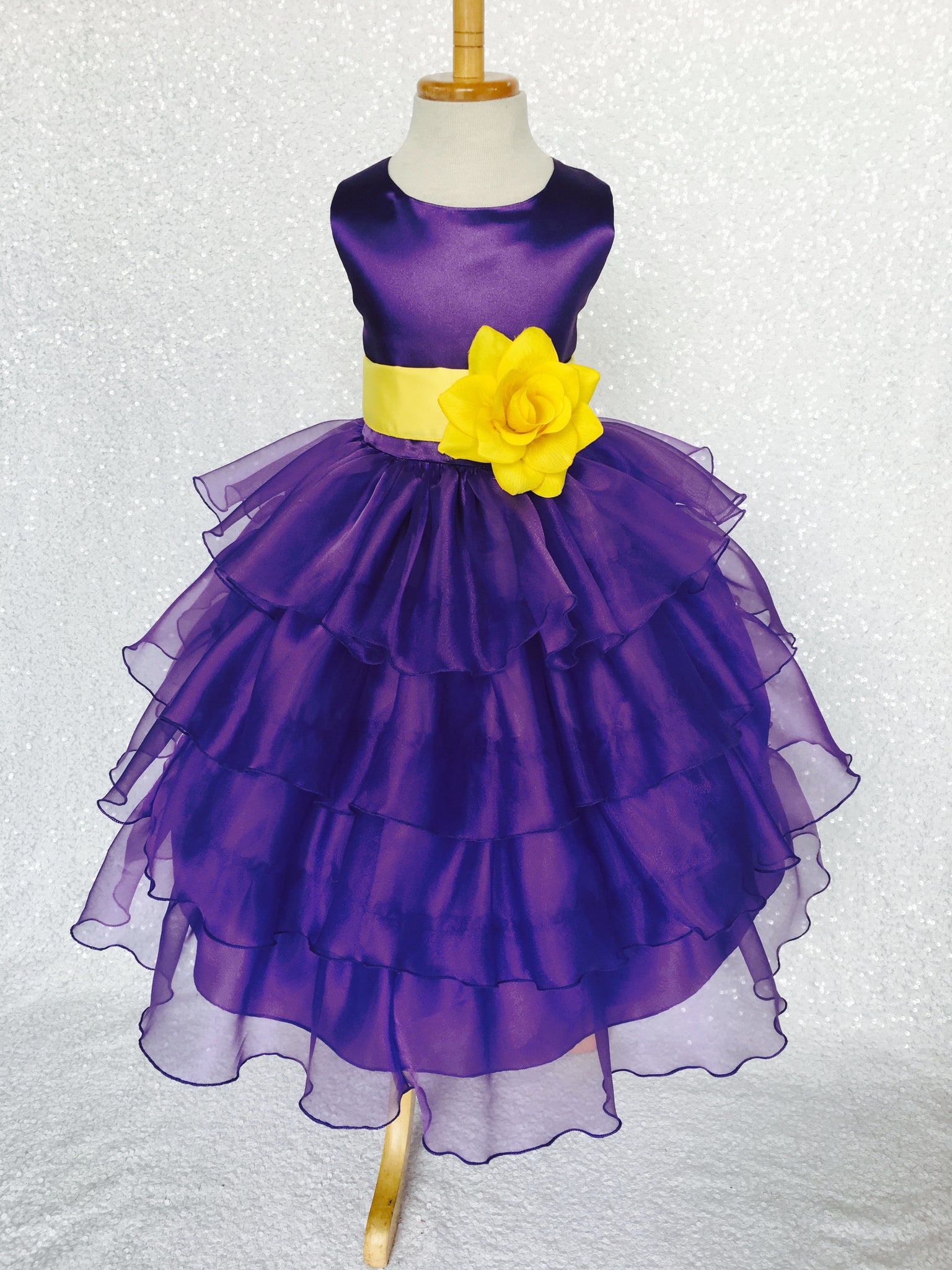 Purple Sleeveless Satin Organza Ruffle Dress Pink Flower Sash