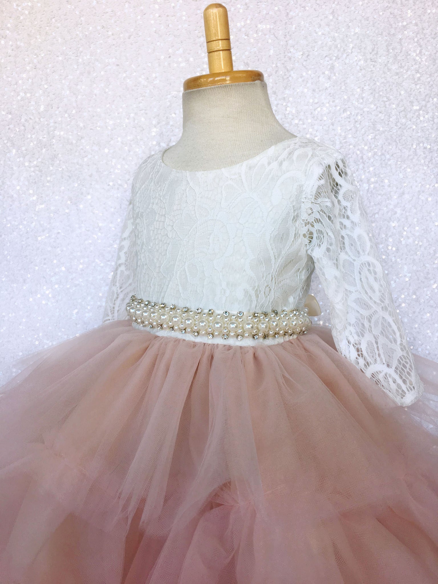 V-Back French Lace 3/4 Sleeves Hi Low Ruffle Blush Pink Tulle Dress