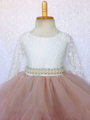 V-Back French Lace 3/4 Sleeves Hi Low Ruffle Blush Pink Tulle Dress