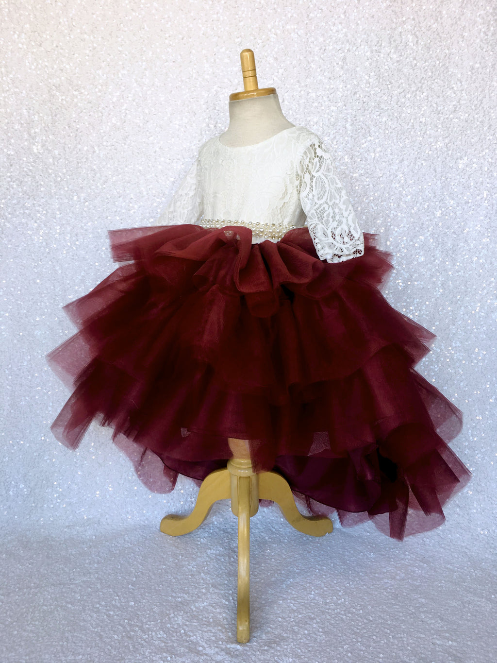 V-Back French Lace 3/4 Sleeves Hi Low Ruffle Burgundy Tulle Dress