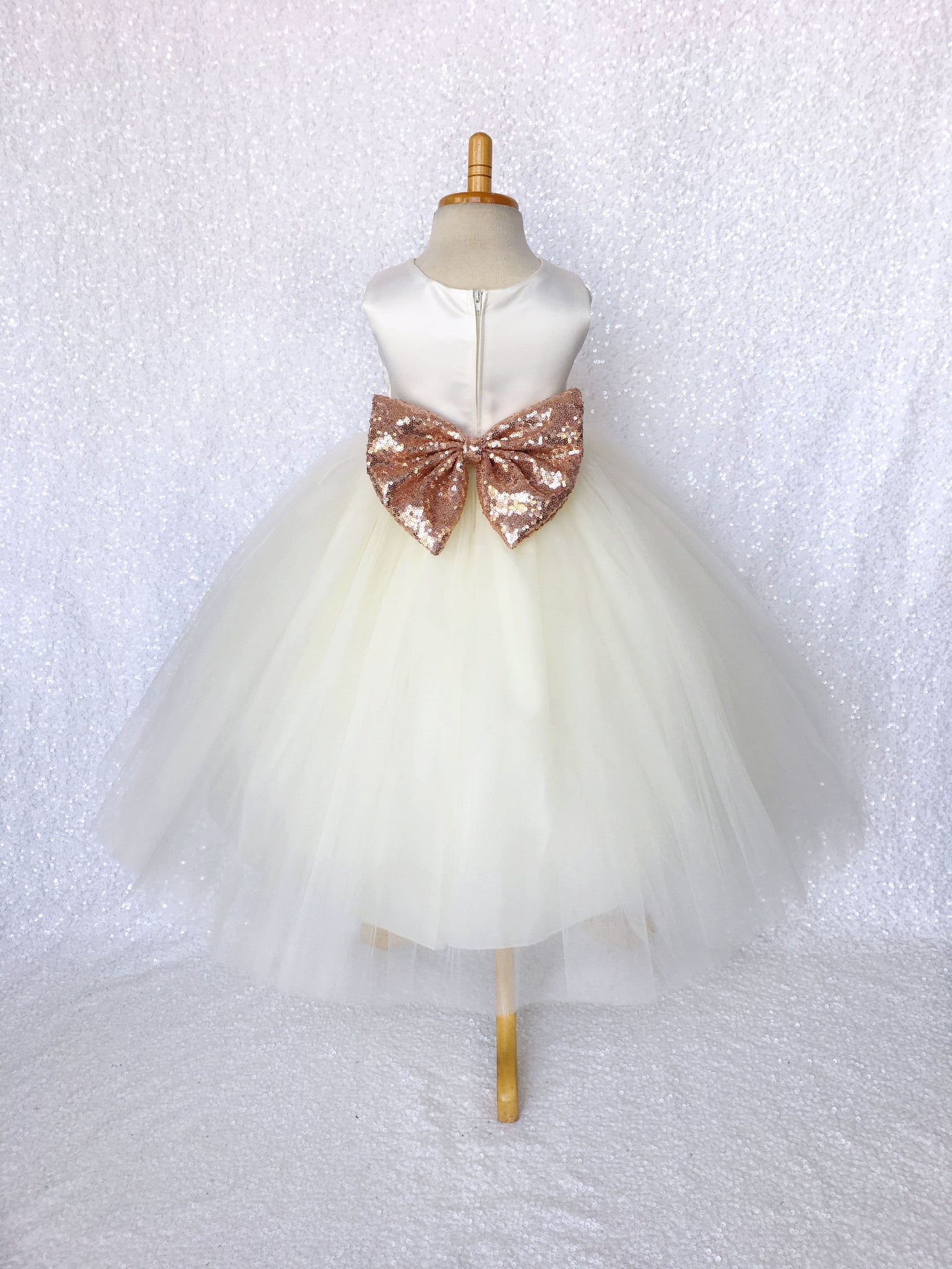 Sleeveless Ivory 4 Layer Tulle Princess Dress Rose Gold Sequin Bow Ribbon