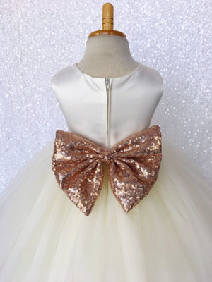 Sleeveless Ivory 4 Layer Tulle Princess Dress Rose Gold Sequin Bow Ribbon