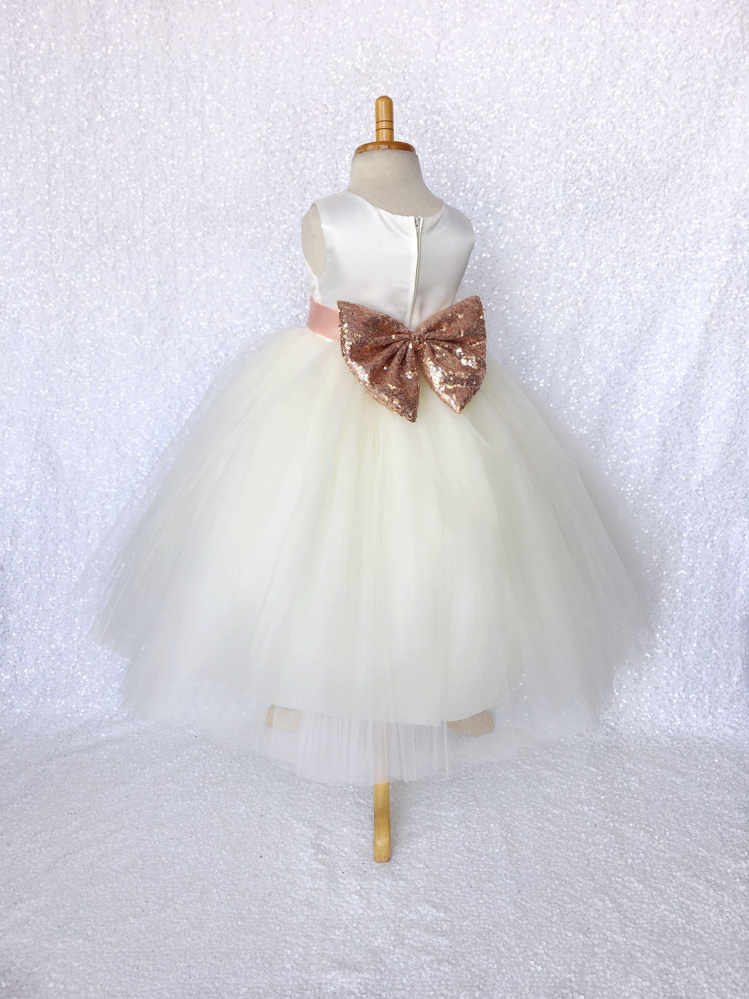 Sleeveless Ivory 4 Layer Tulle Princess Dress Rose Gold Sequin Bow Ribbon