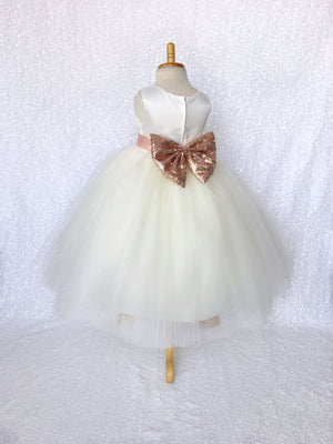 Sleeveless Ivory 4 Layer Tulle Princess Dress Rose Gold Sequin Bow Ribbon