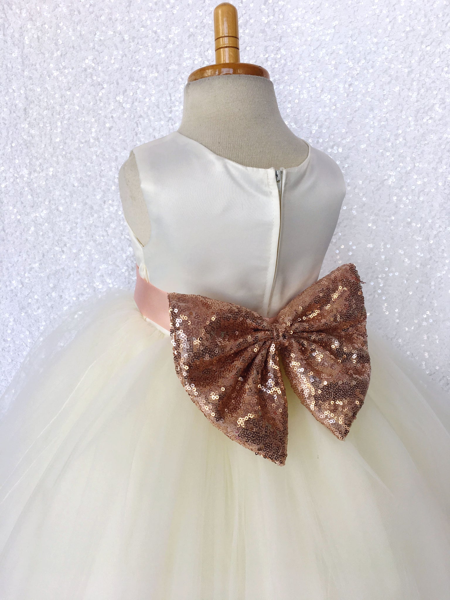 Sleeveless Ivory 4 Layer Tulle Princess Dress Rose Gold Sequin Bow Ribbon