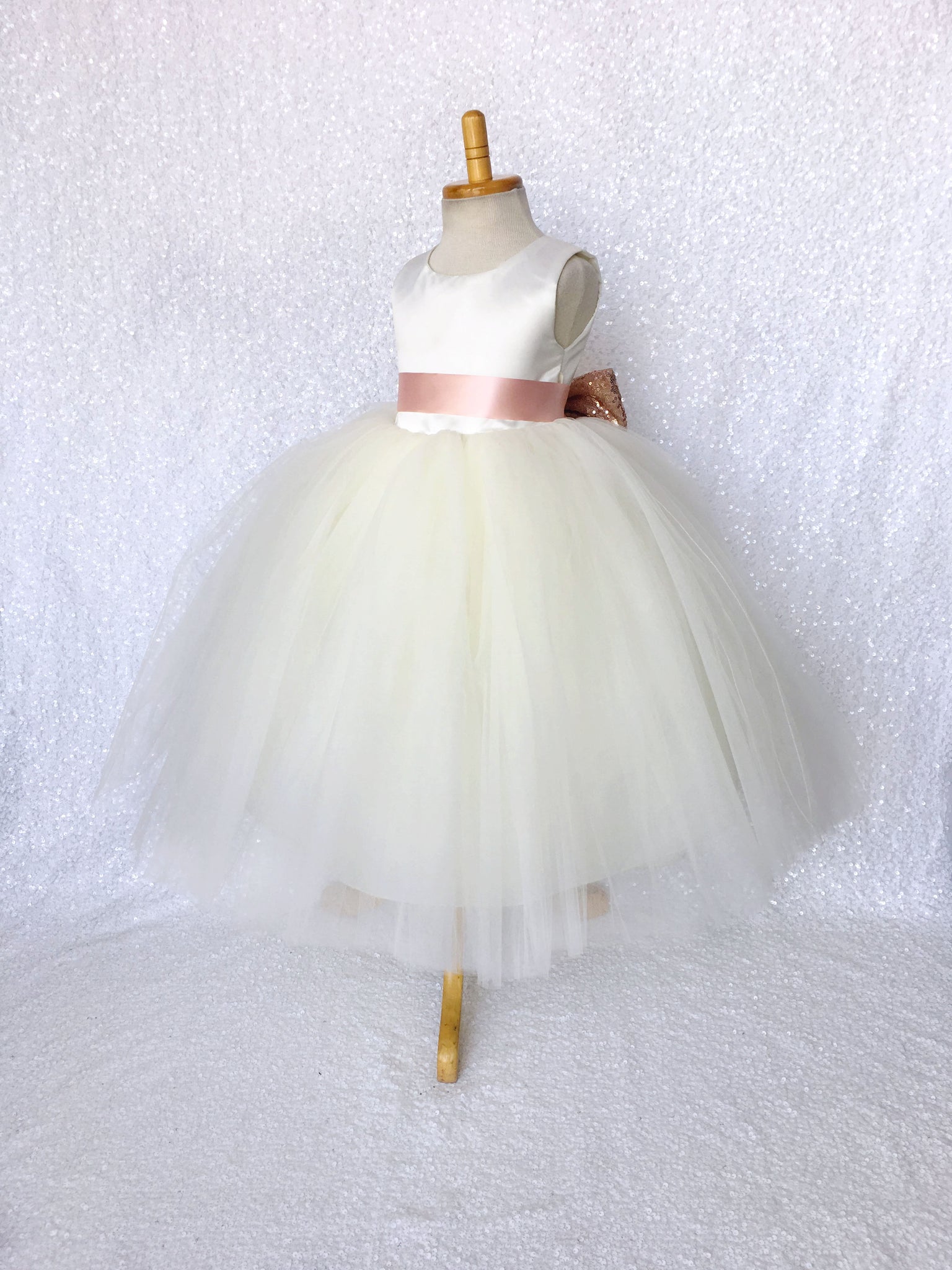 Sleeveless Ivory 4 Layer Tulle Princess Dress Rose Gold Sequin Bow Ribbon