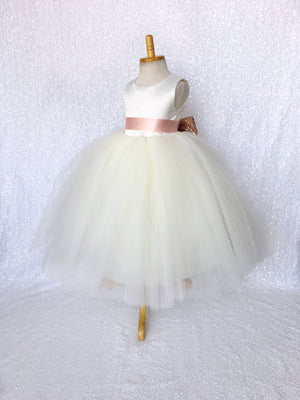 Sleeveless Ivory 4 Layer Tulle Princess Dress Rose Gold Sequin Bow Ribbon