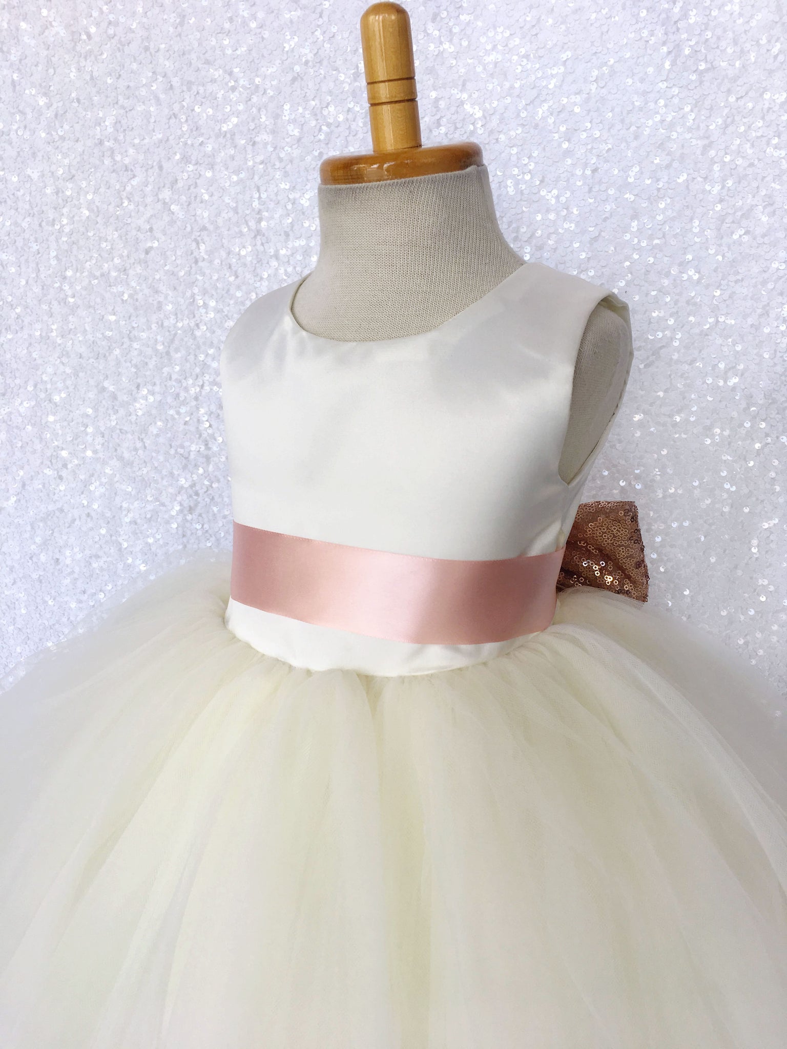 Sleeveless Ivory 4 Layer Tulle Princess Dress Rose Gold Sequin Bow Ribbon