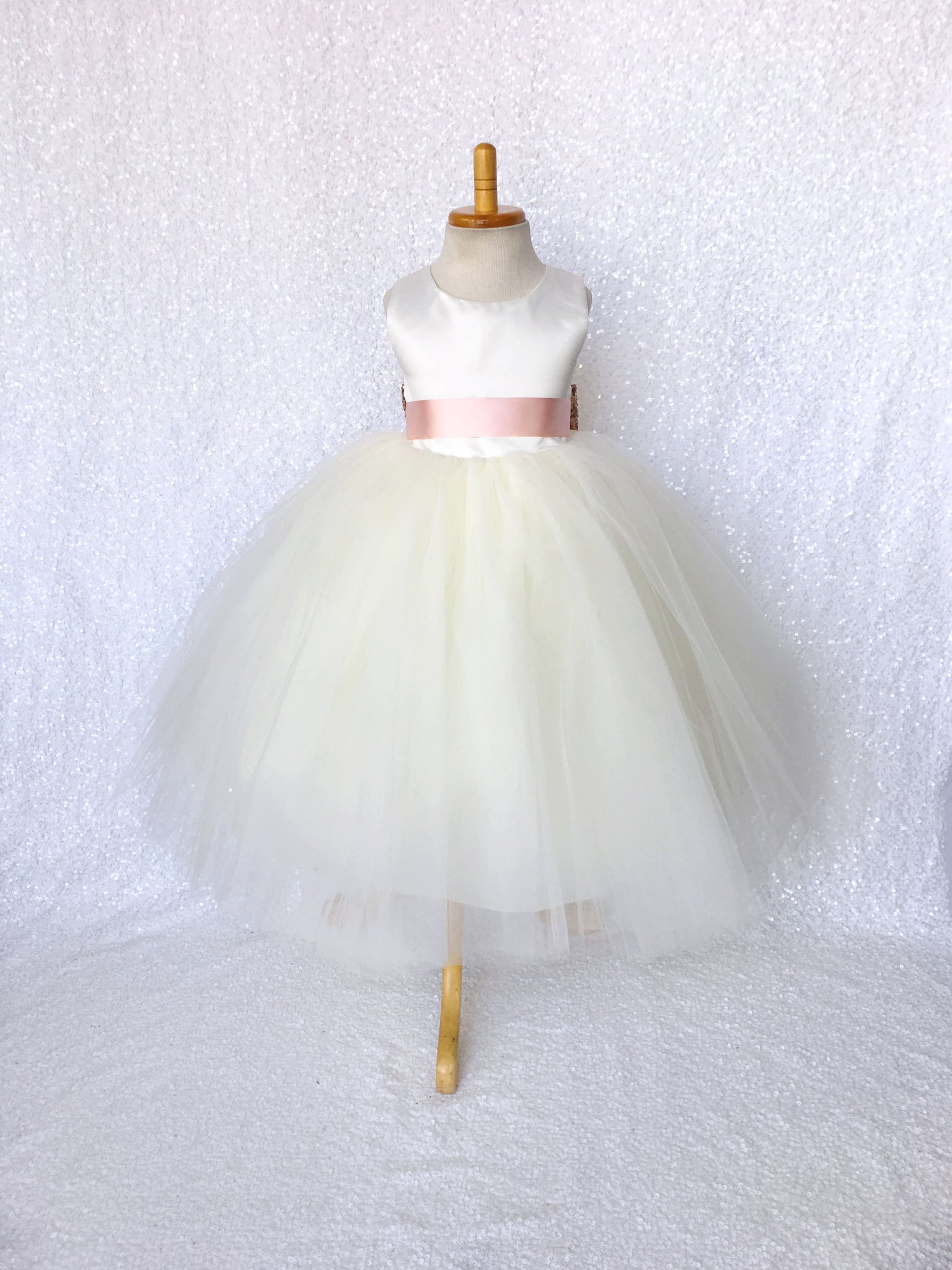 Sleeveless Ivory 4 Layer Tulle Princess Dress Rose Gold Sequin Bow Ribbon