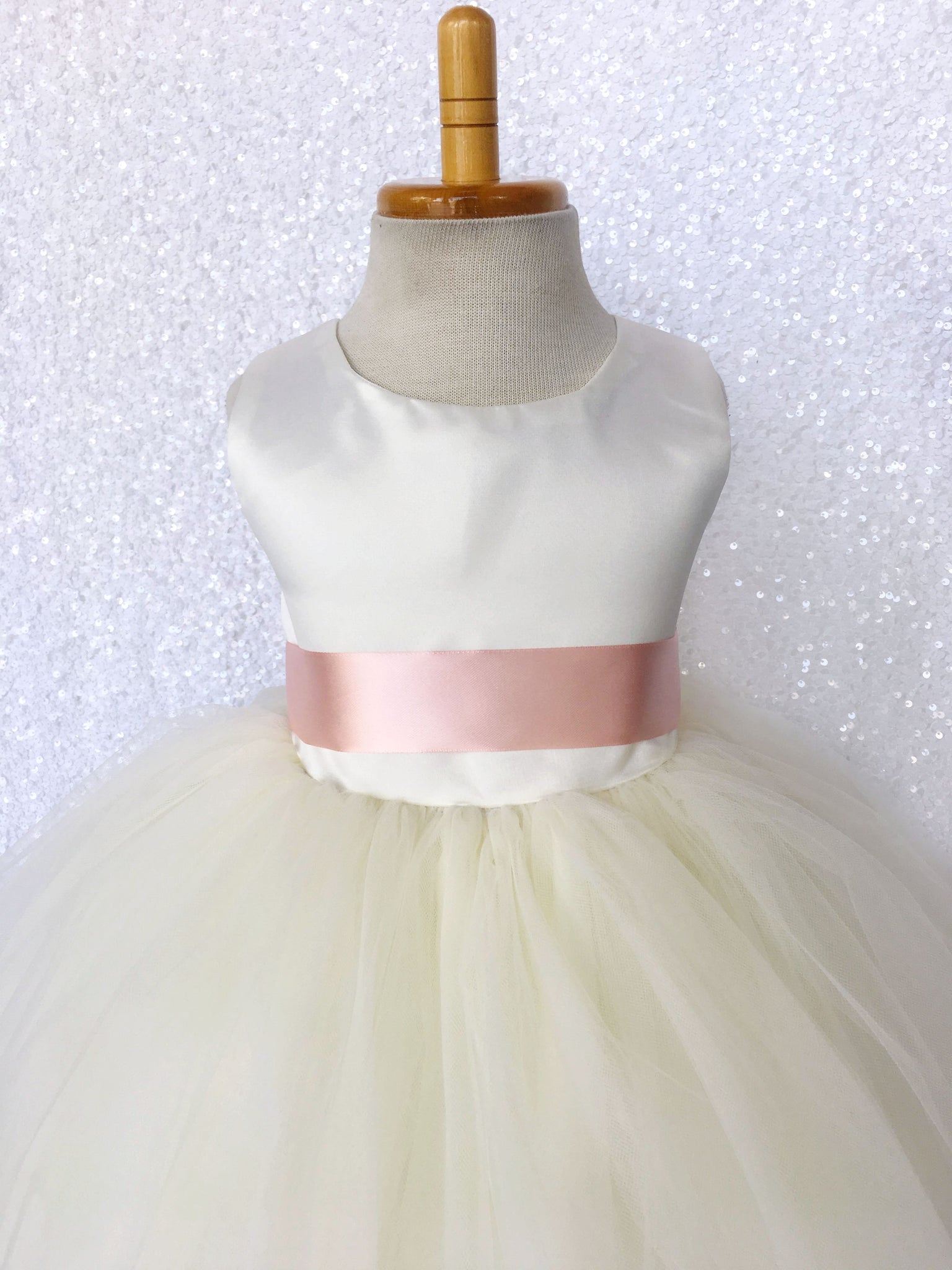 Sleeveless Ivory 4 Layer Tulle Princess Dress Rose Gold Sequin Bow Ribbon