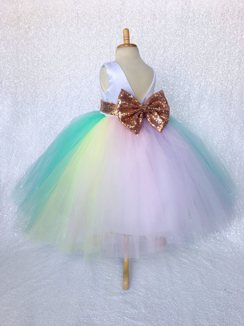 Unicorn Rainbow V-Back Pastel Multi-Tulle Gown Rose Gold Sequin Bow