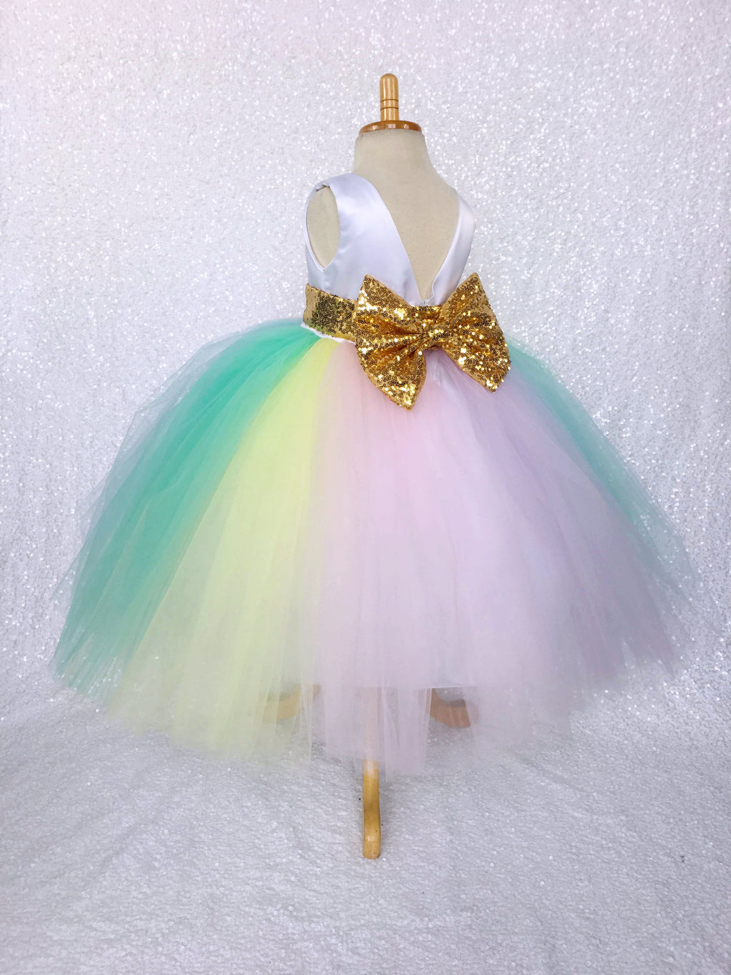 Unicorn Rainbow V-Back Pastel Multi-Tulle Gown Gold Sequin Bow