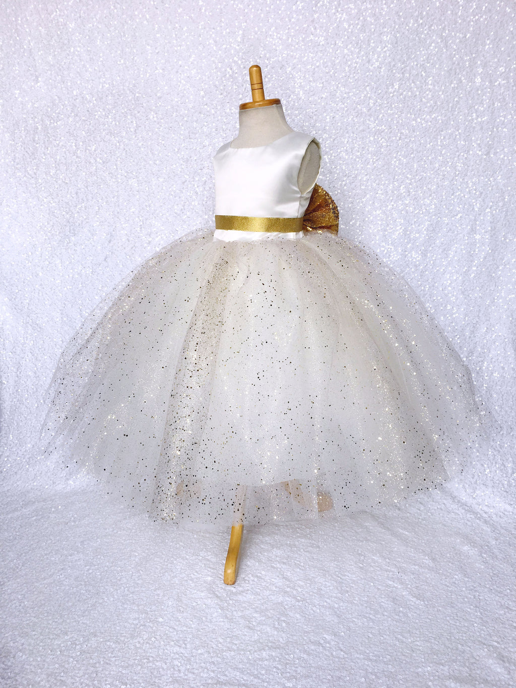 Glitter Princess Ivory Off White Tulle 4 Layer Sequin Bow Dress