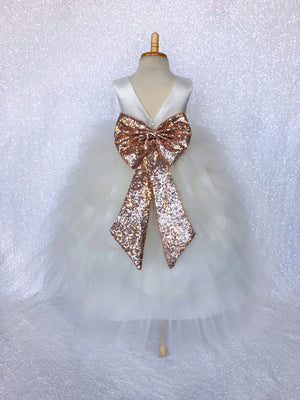 Rustic Ivory V-Back Ruffle High Low Gown Rose Gold Sequin