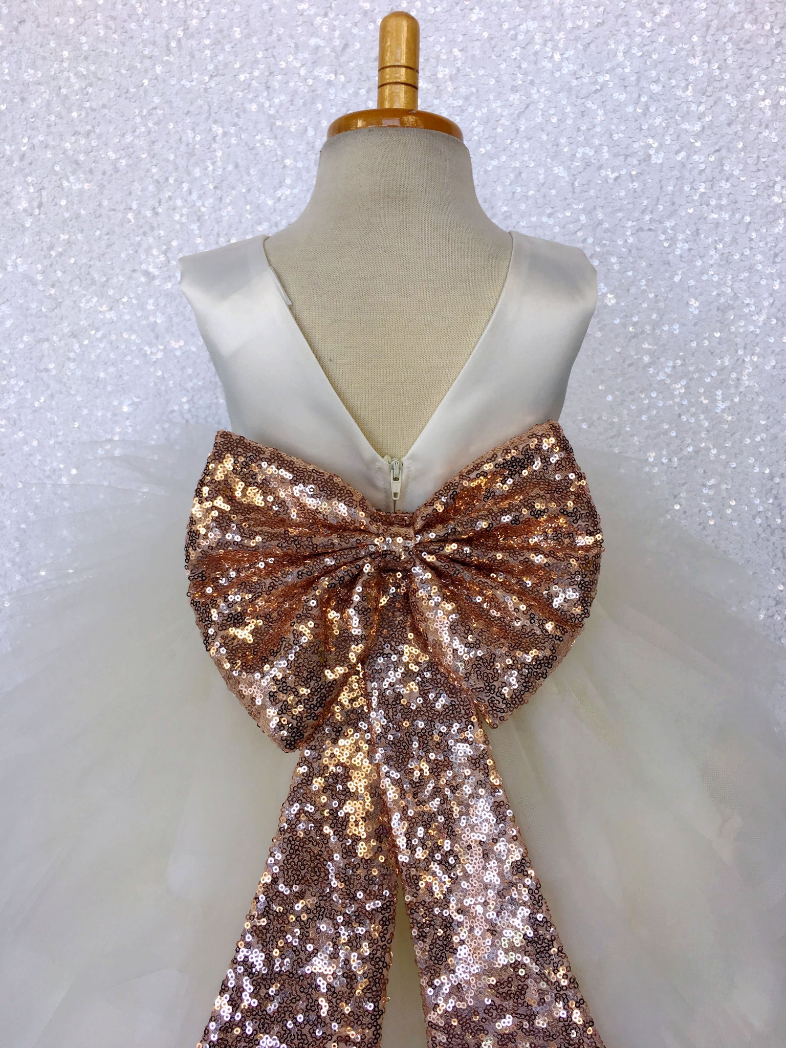 Rustic Ivory V-Back Ruffle High Low Gown Rose Gold Sequin