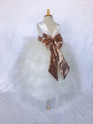 Rustic Ivory V-Back Ruffle High Low Gown Rose Gold Sequin