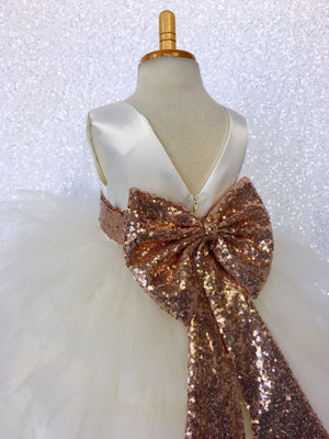 Rustic Ivory V-Back Ruffle High Low Gown Rose Gold Sequin