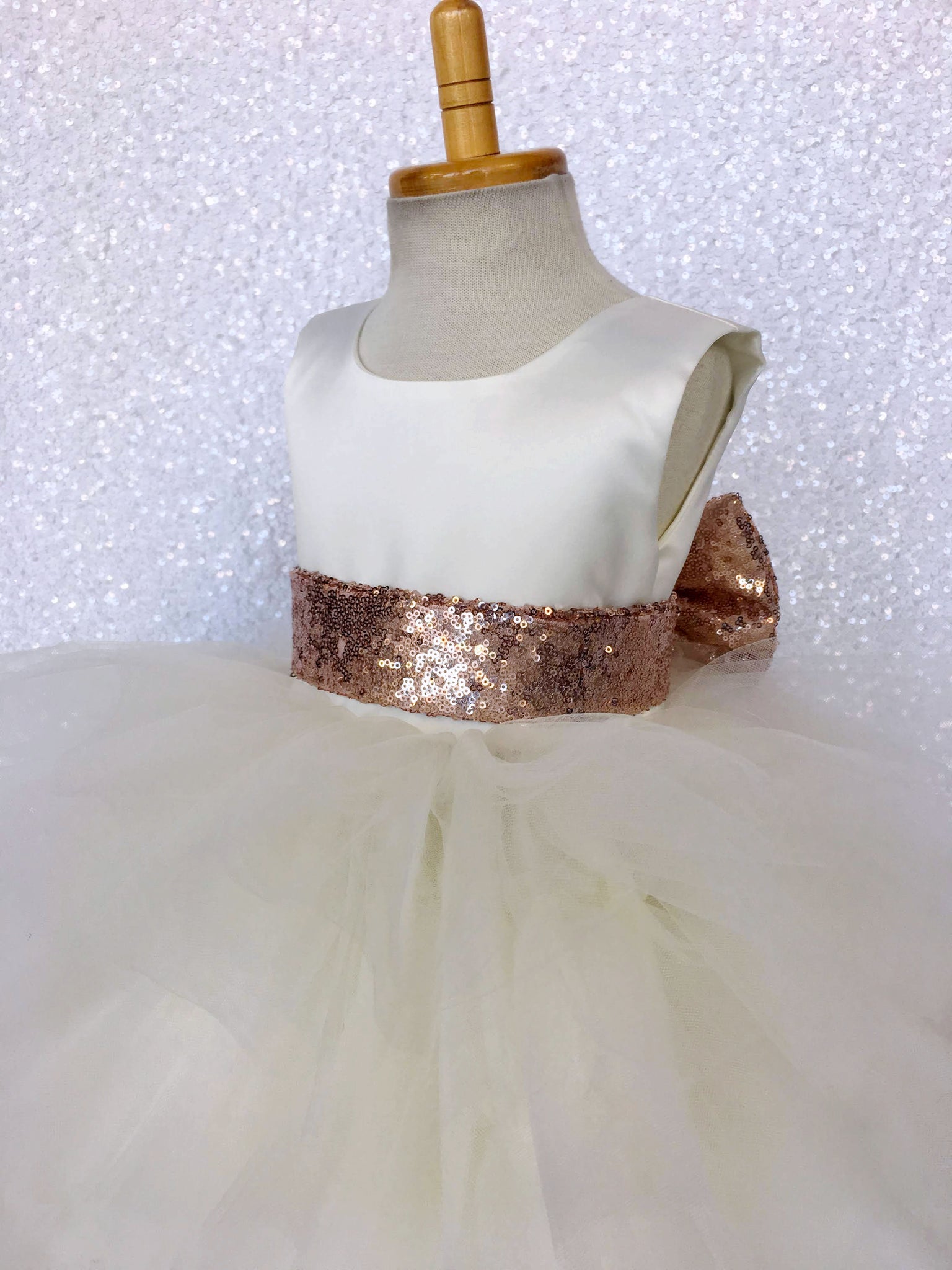 Rustic Ivory V-Back Ruffle High Low Gown Rose Gold Sequin