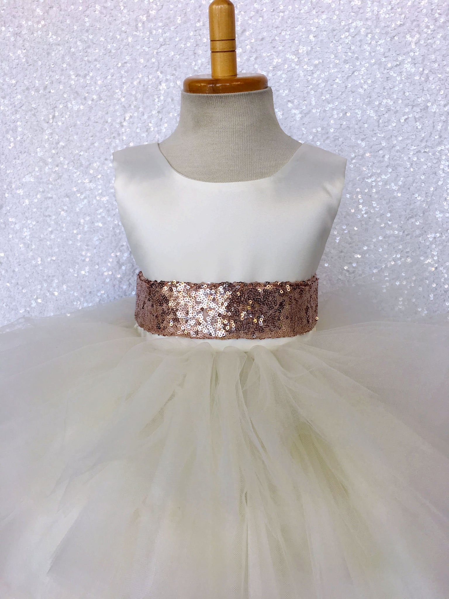 Rustic Ivory V-Back Ruffle High Low Gown Rose Gold Sequin