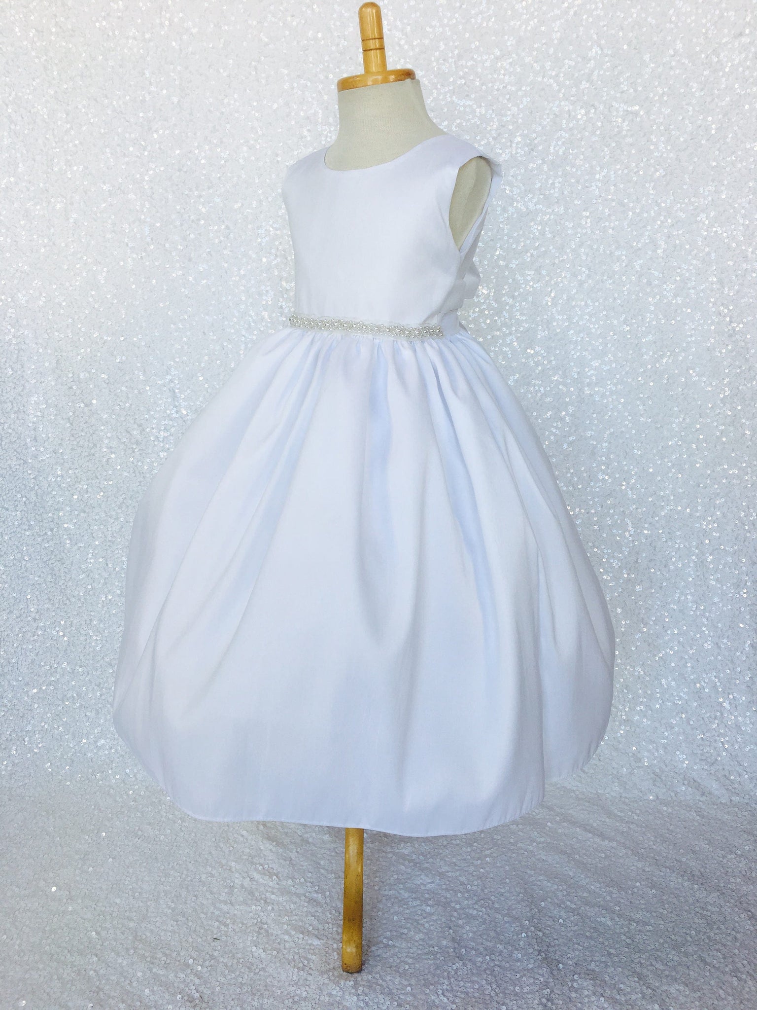 White Shantung Pearl Sleeveless Dress