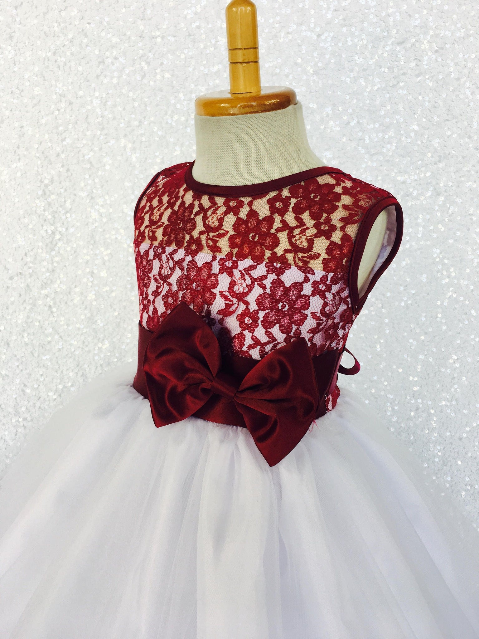 Burgundy Lace Satin Bias 2 Layer White Tulle Keyhole Dress