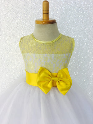 Sleeveless Yellow Lace Satin Bias 2 Layer White Skirt Keyhole Dress