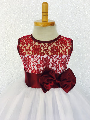 Burgundy Lace Satin Bias 2 Layer White Tulle Keyhole Dress