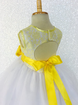 Sleeveless Yellow Lace Satin Bias 2 Layer White Skirt Keyhole Dress