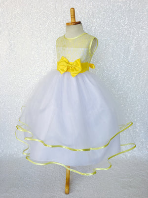 Sleeveless Yellow Lace Satin Bias 2 Layer White Skirt Keyhole Dress