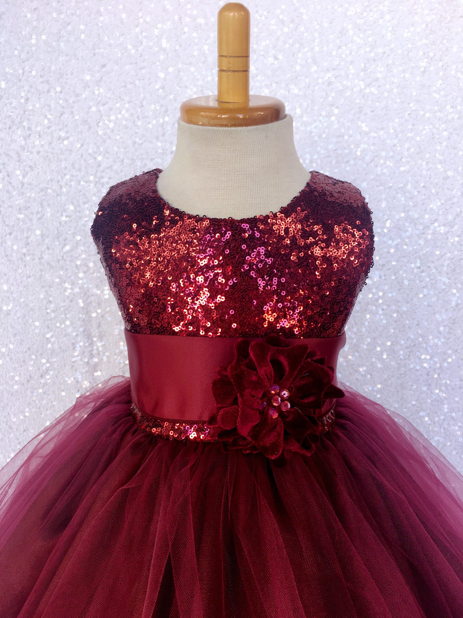 Sequence 2 Layer Burgundy Maroon Fishing Line Tulle Dress Satin Sash Velvet Flower