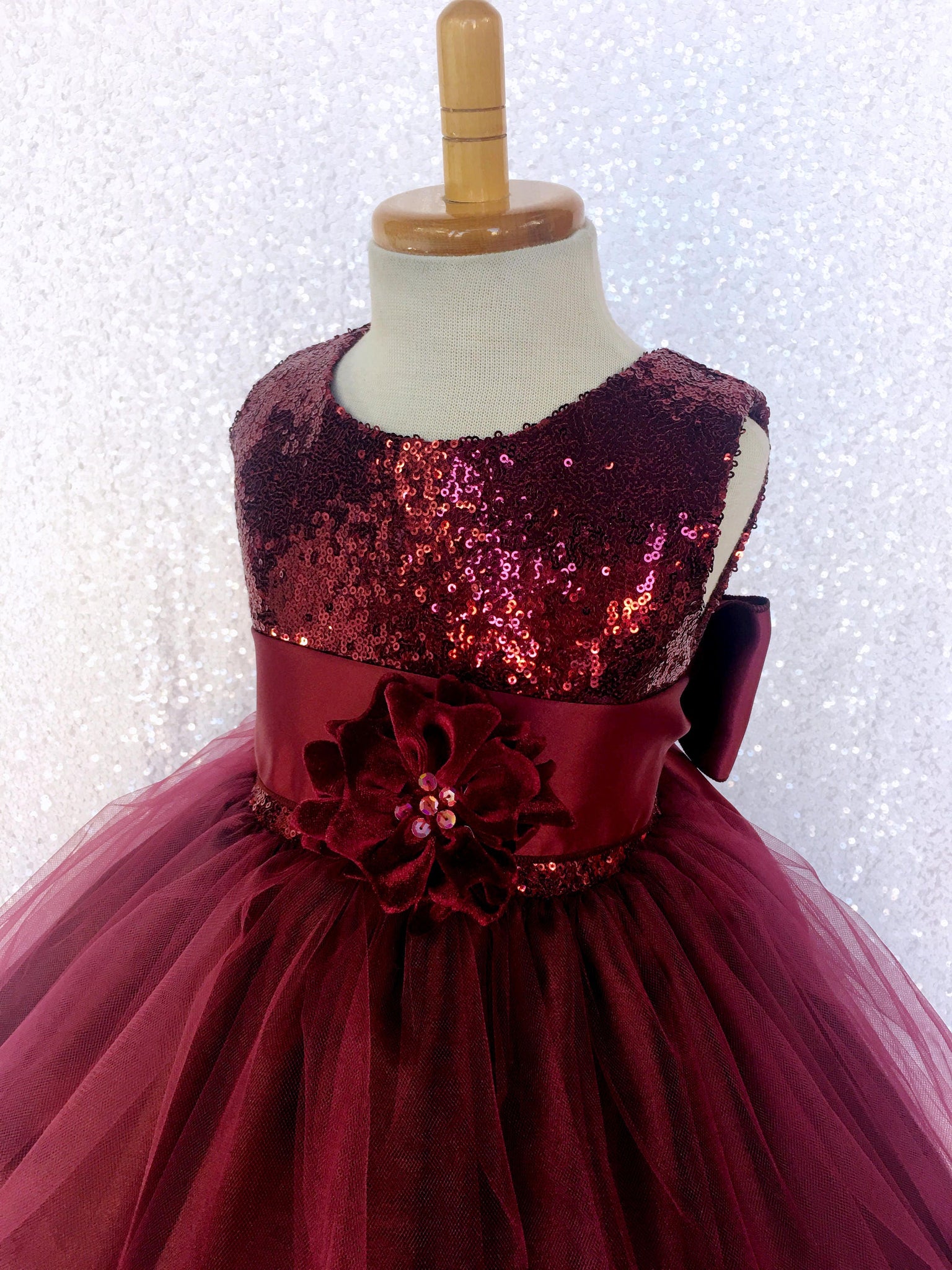 Sequence 2 Layer Burgundy Maroon Fishing Line Tulle Dress Satin Sash Velvet Flower