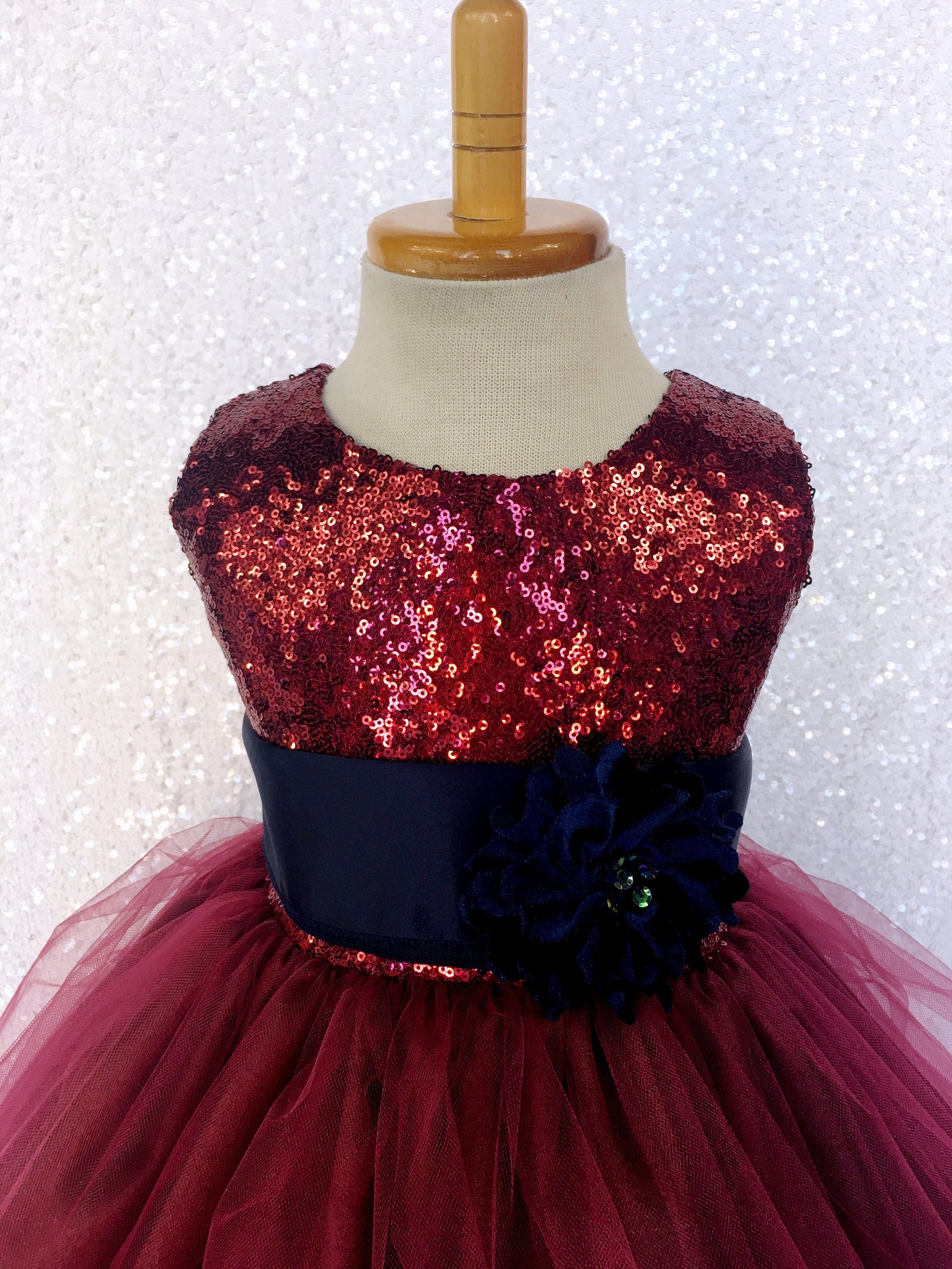 Burgundy Sequence Maroon Tulle 2 Layer Gown Navy Flower Velvet Sash