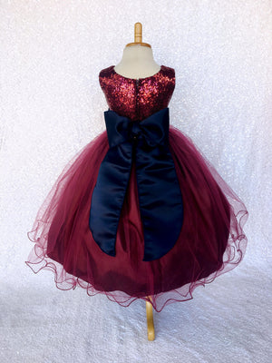 Burgundy Sequence Maroon Tulle 2 Layer Gown Navy Flower Velvet Sash