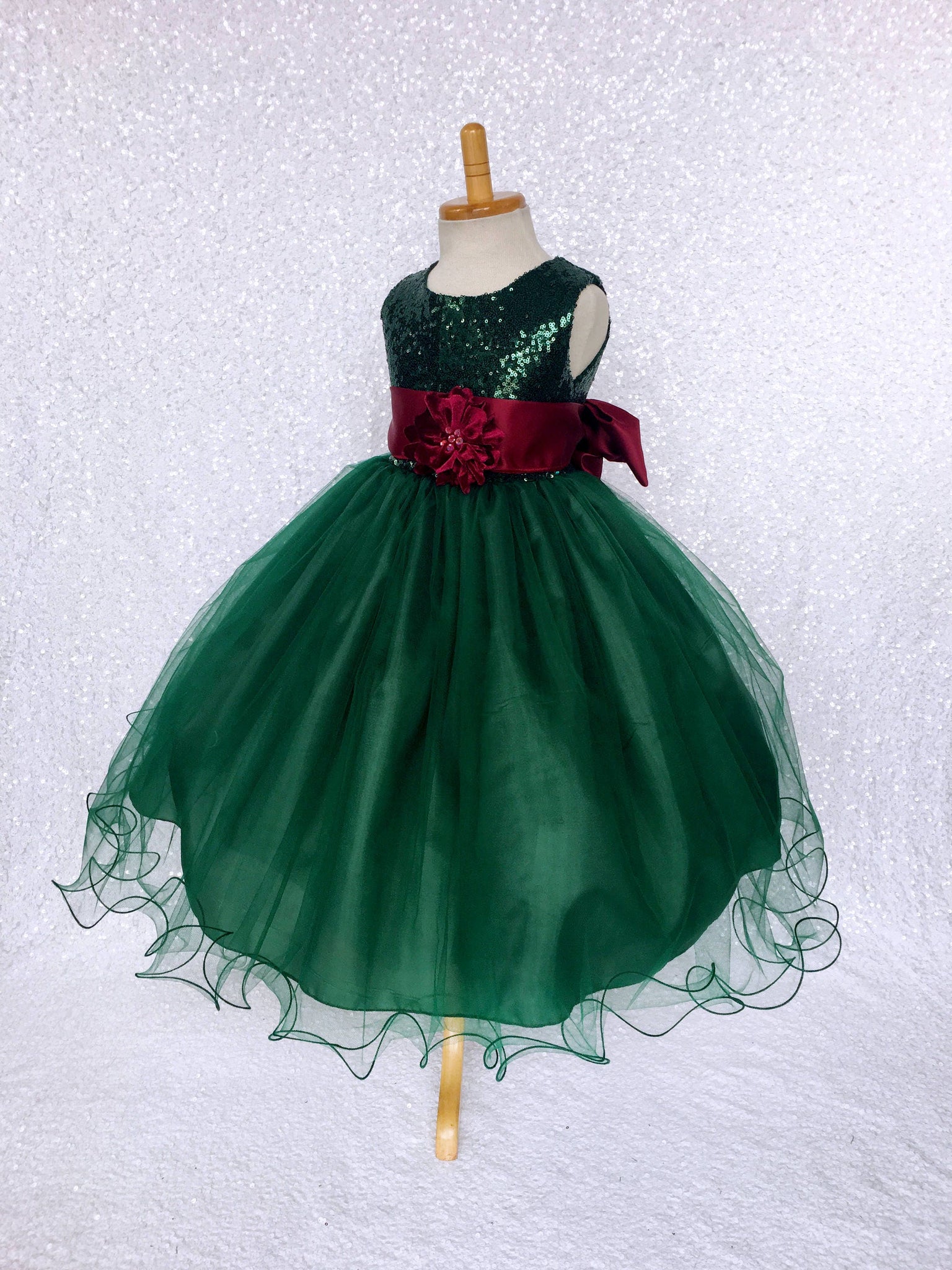 Sparkly Hunter Green Sequin Top 2 Layer Fishing Line Dress Burgundy Sash