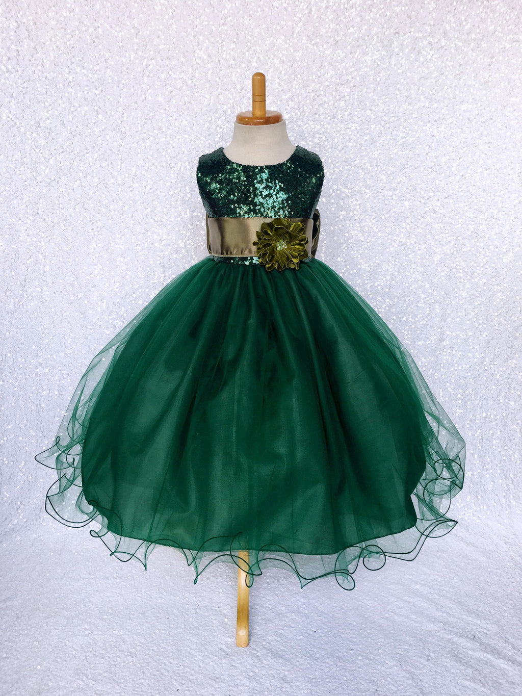 Hunter Green Sequence 2 Layer Tulle Dress Olive Satin Sash Velvet Flower