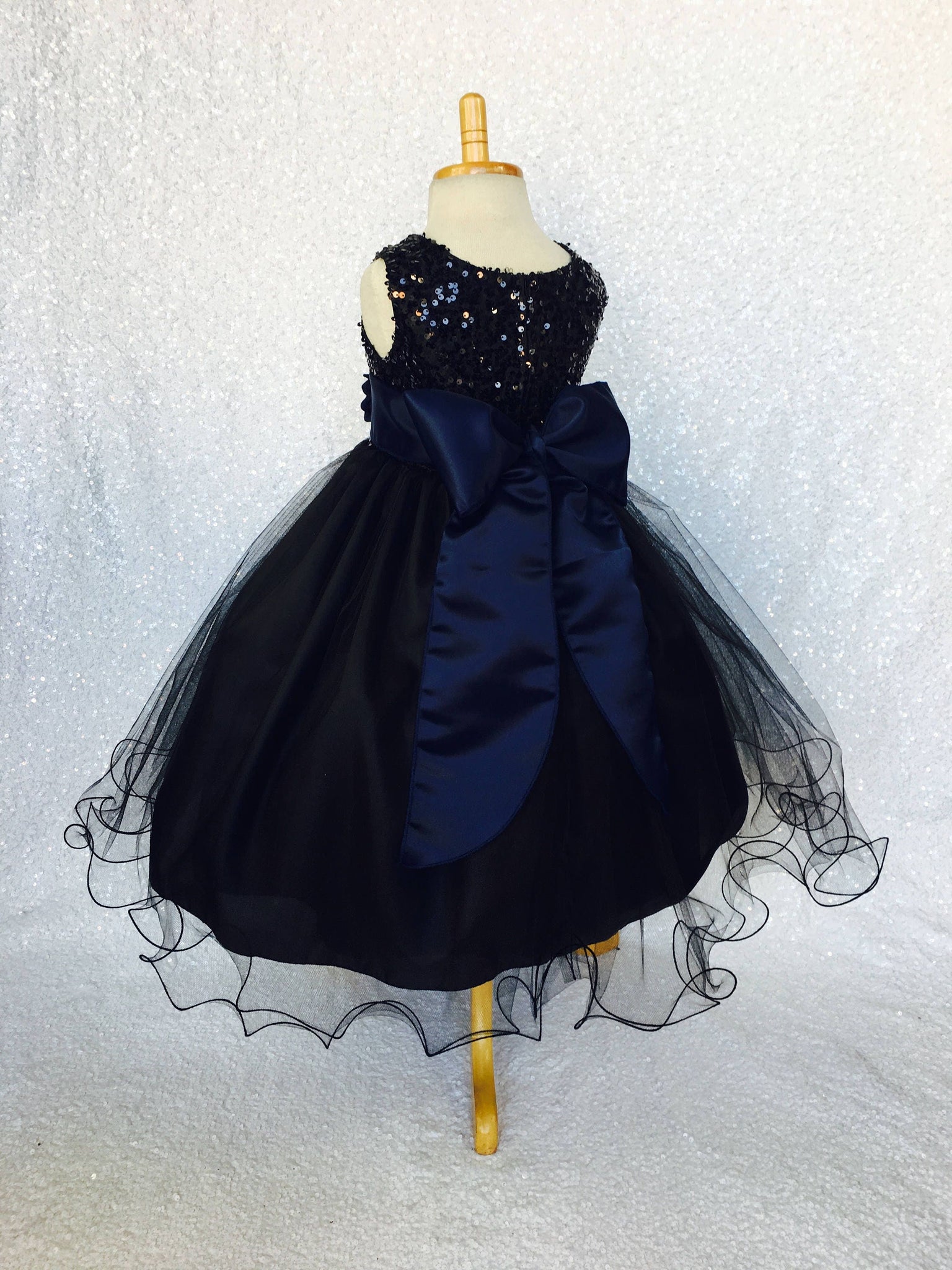 Black Sleeveless 2 Layer Sequence FL Tulle Dress Navy Blue Satin Sash