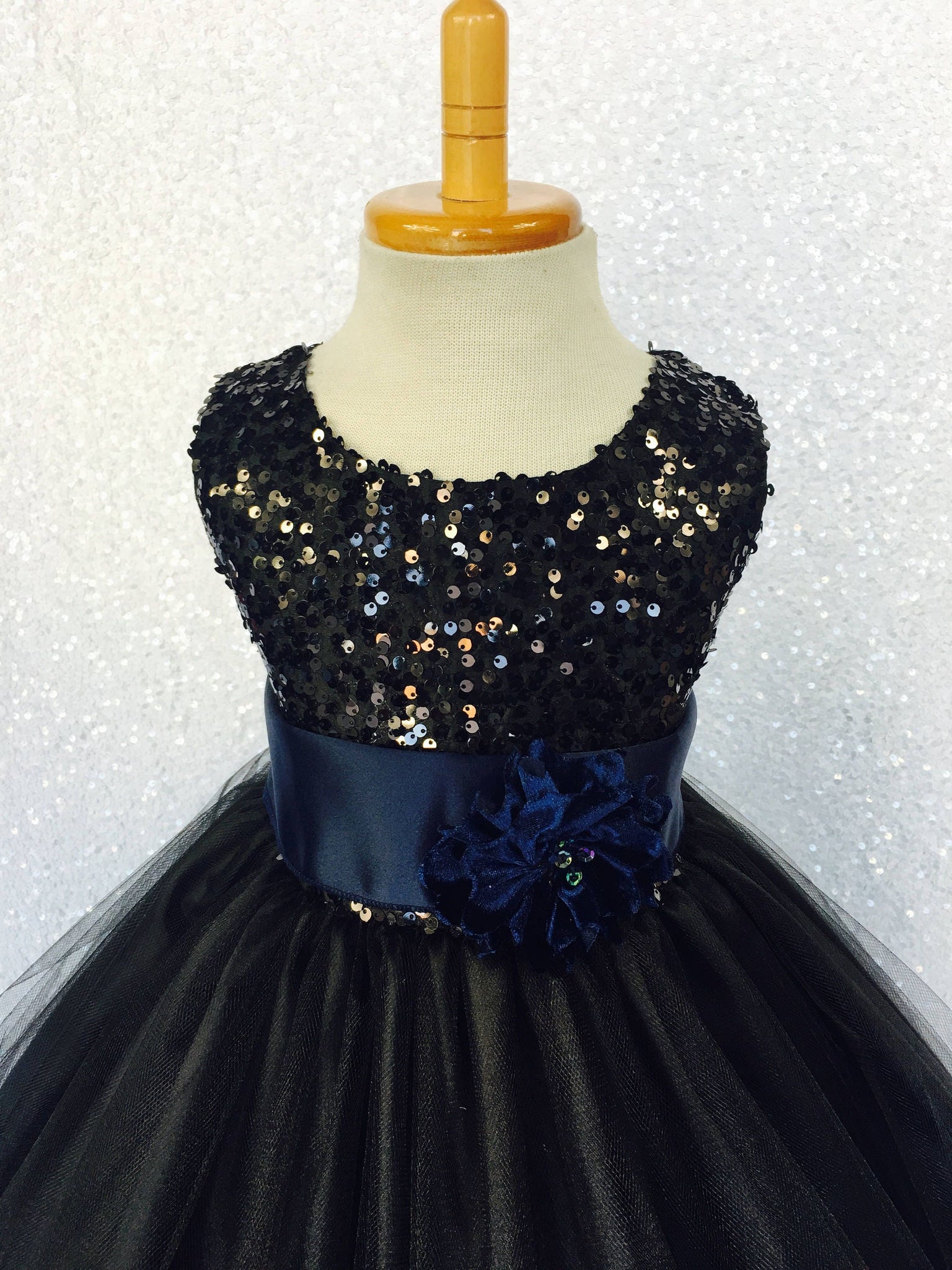 Black Sleeveless 2 Layer Sequence FL Tulle Dress Navy Blue Satin Sash