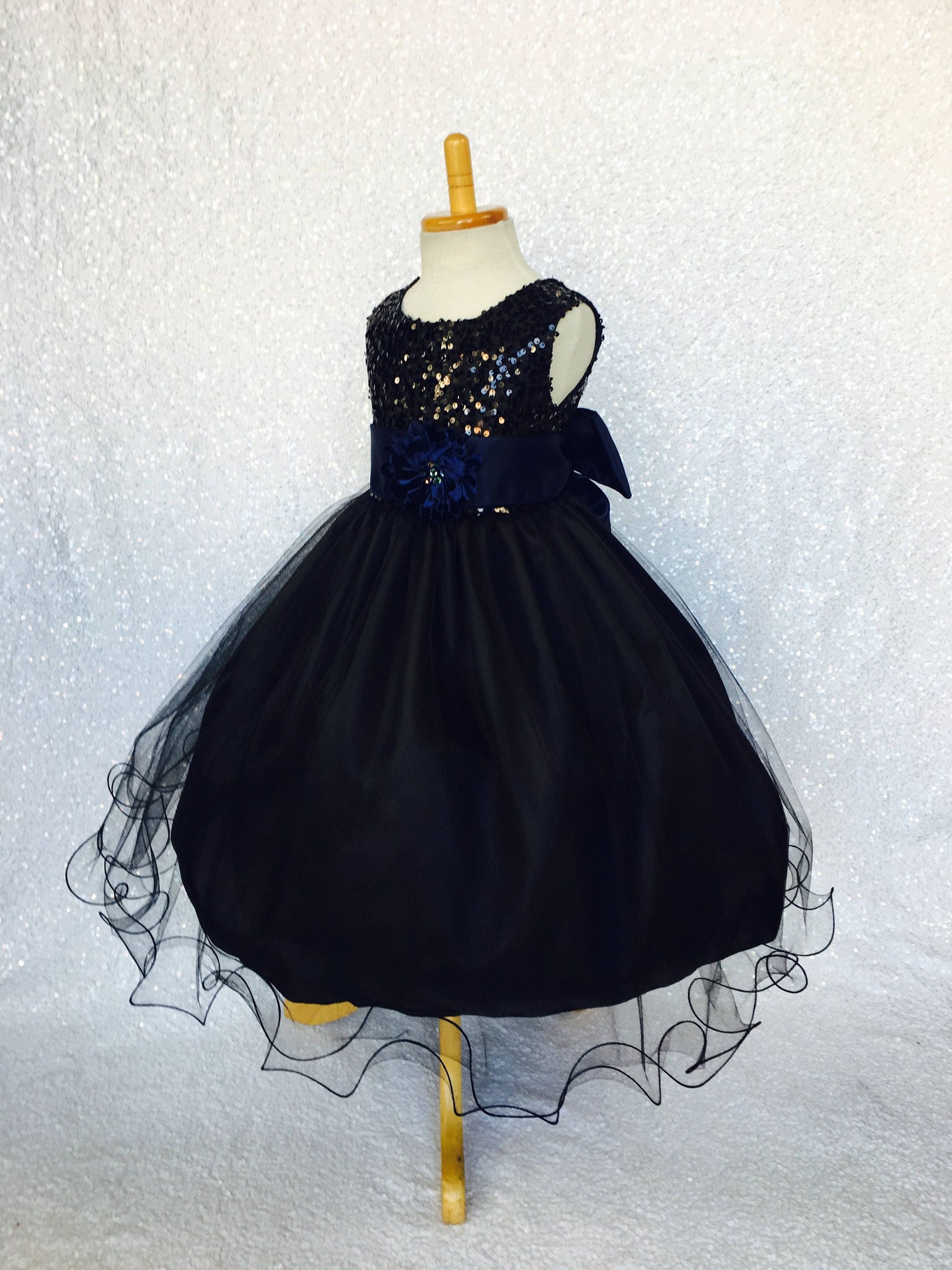 Black Sleeveless 2 Layer Sequence FL Tulle Dress Navy Blue Satin Sash