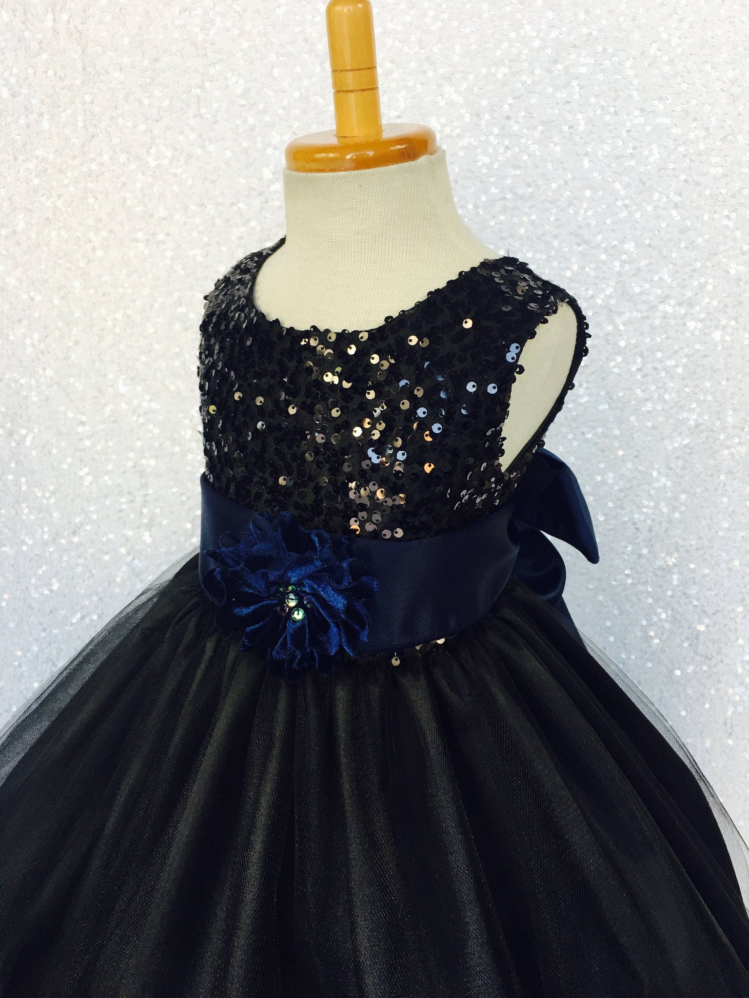 Black Sleeveless 2 Layer Sequence FL Tulle Dress Navy Blue Satin Sash