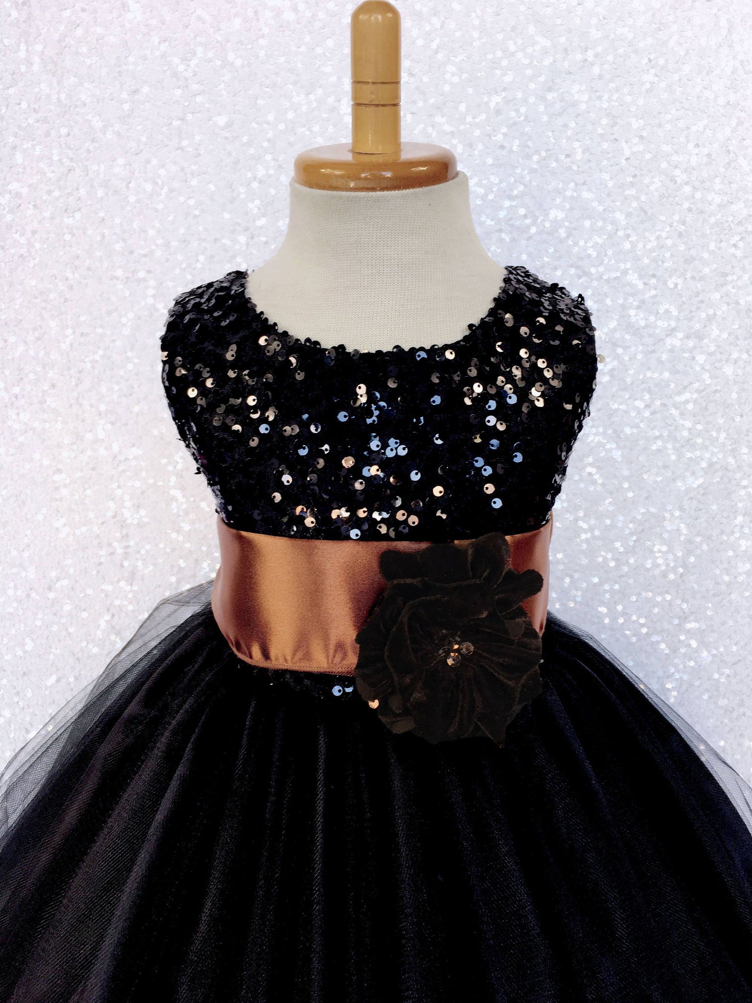 Black Dress Fishing Line 2 Layer Sequin Brown Satin Sash