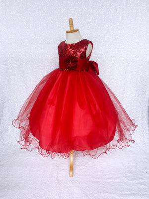 Red Mini Sequin Tulle Fishing Line Dress Velvet Flower