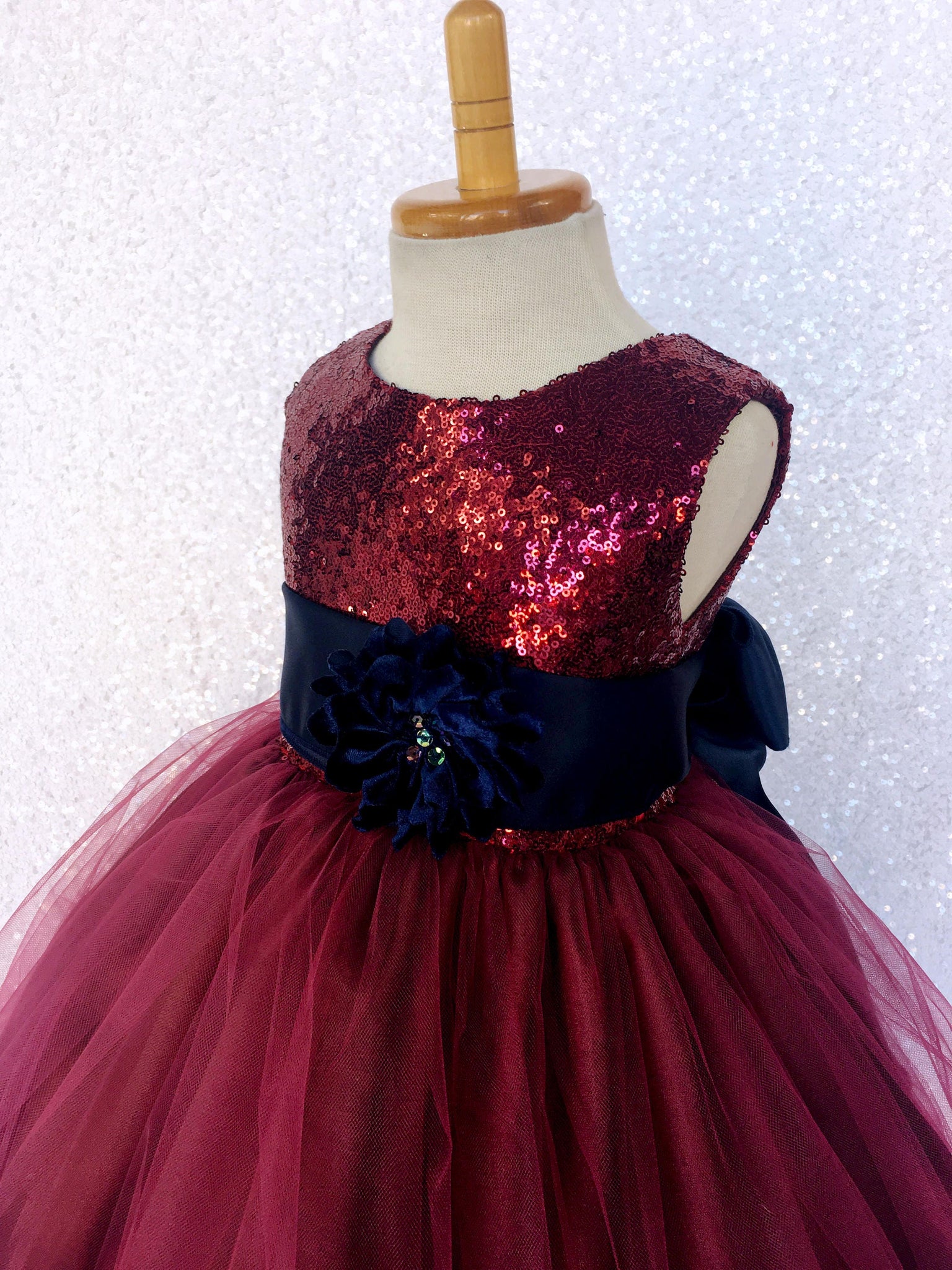 Burgundy Sequence Maroon Tulle 2 Layer Gown Navy Flower Velvet Sash