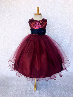 Burgundy Sequence Maroon Tulle 2 Layer Gown Navy Flower Velvet Sash