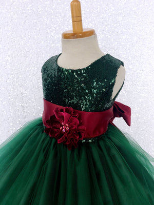 Sparkly Hunter Green Sequin Top 2 Layer Fishing Line Dress Burgundy Sash