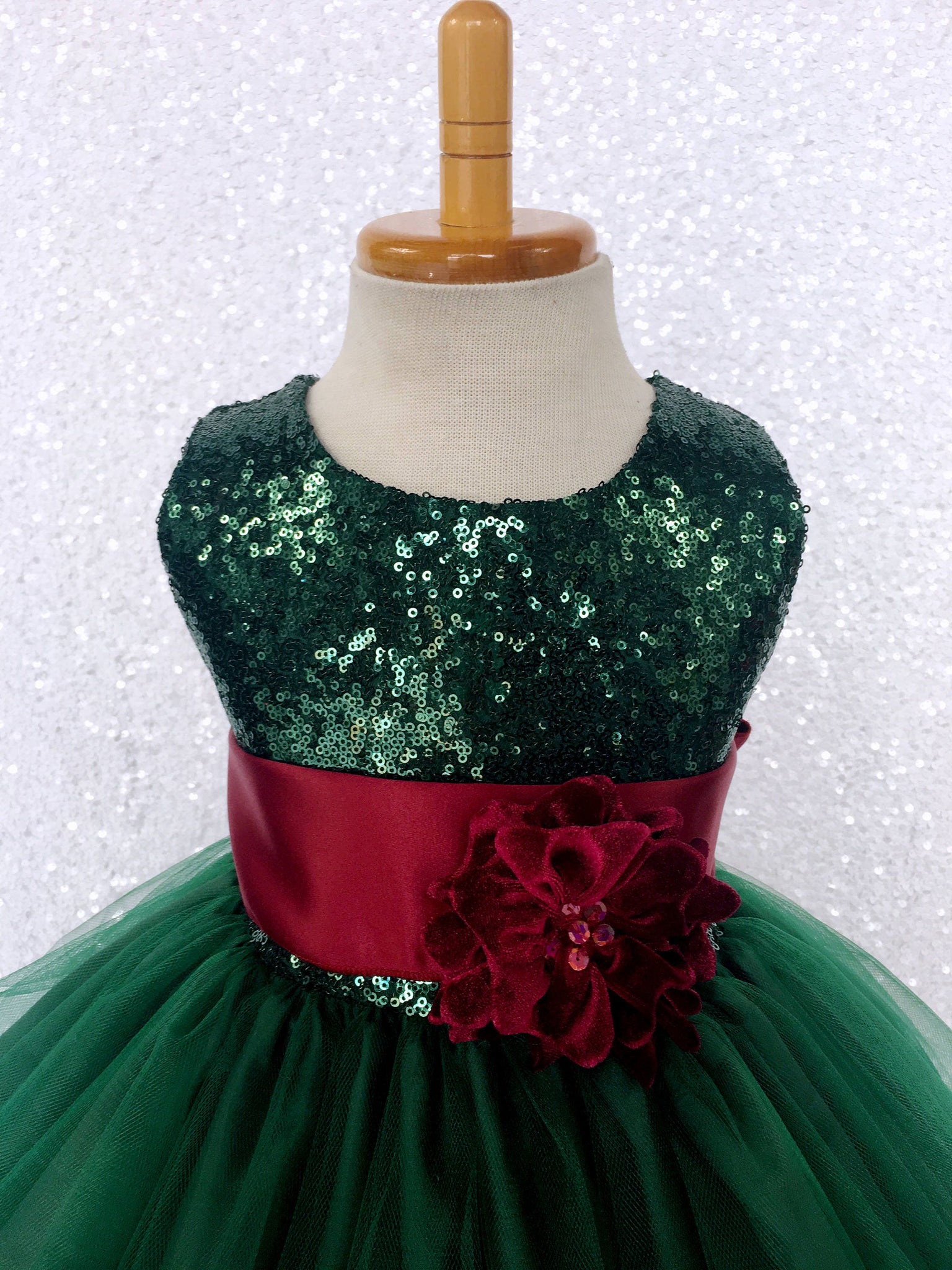 Sparkly Hunter Green Sequin Top 2 Layer Fishing Line Dress Burgundy Sash