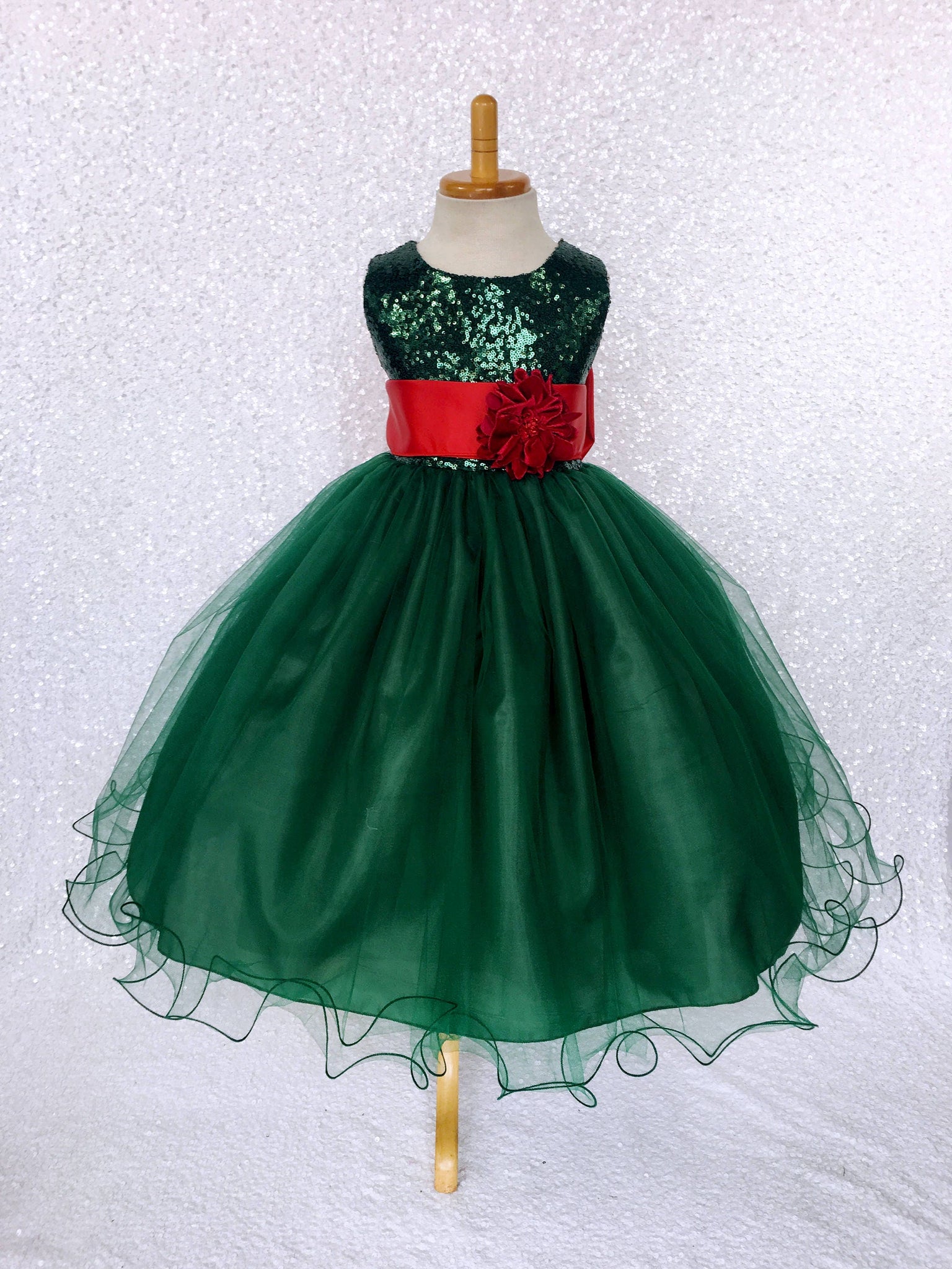 Sleeveless Sequin 2 Layer Hunter Green Dress Satin Sash Royal Blue Velvet Flower