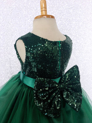 Hunter Green Sequin Bow 2 Layer Tulle Dress